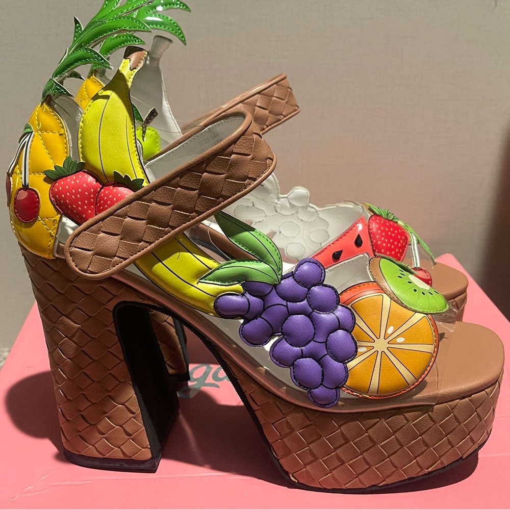 Sugar Thrillz Brown Platform Sandals with Multicolor Fruit Appliqués
